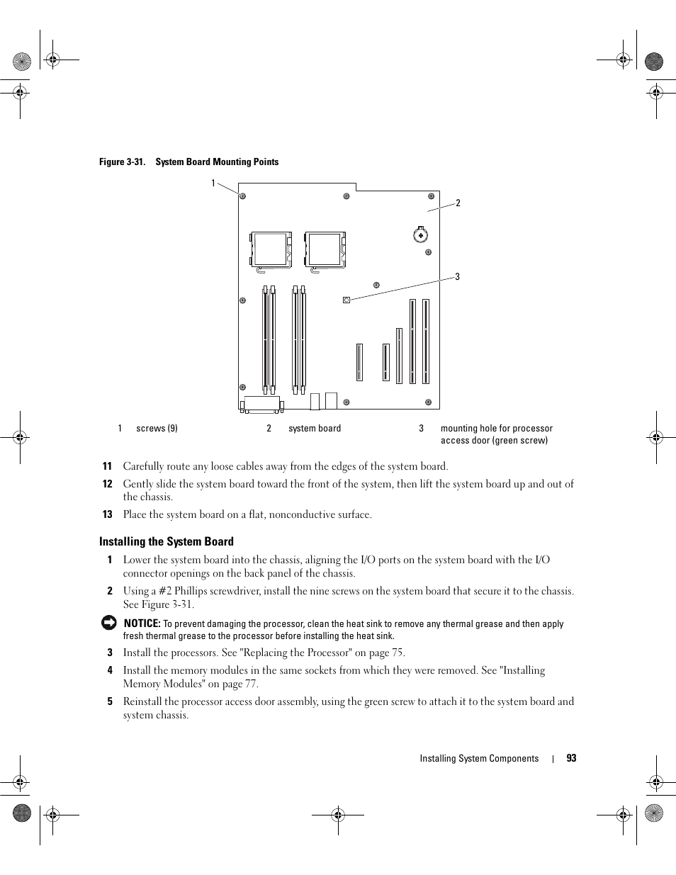 Installing the system board, D to the chassis. see figure 3-31 | Dell PowerEdge SC1430 User Manual | Page 93 / 160
