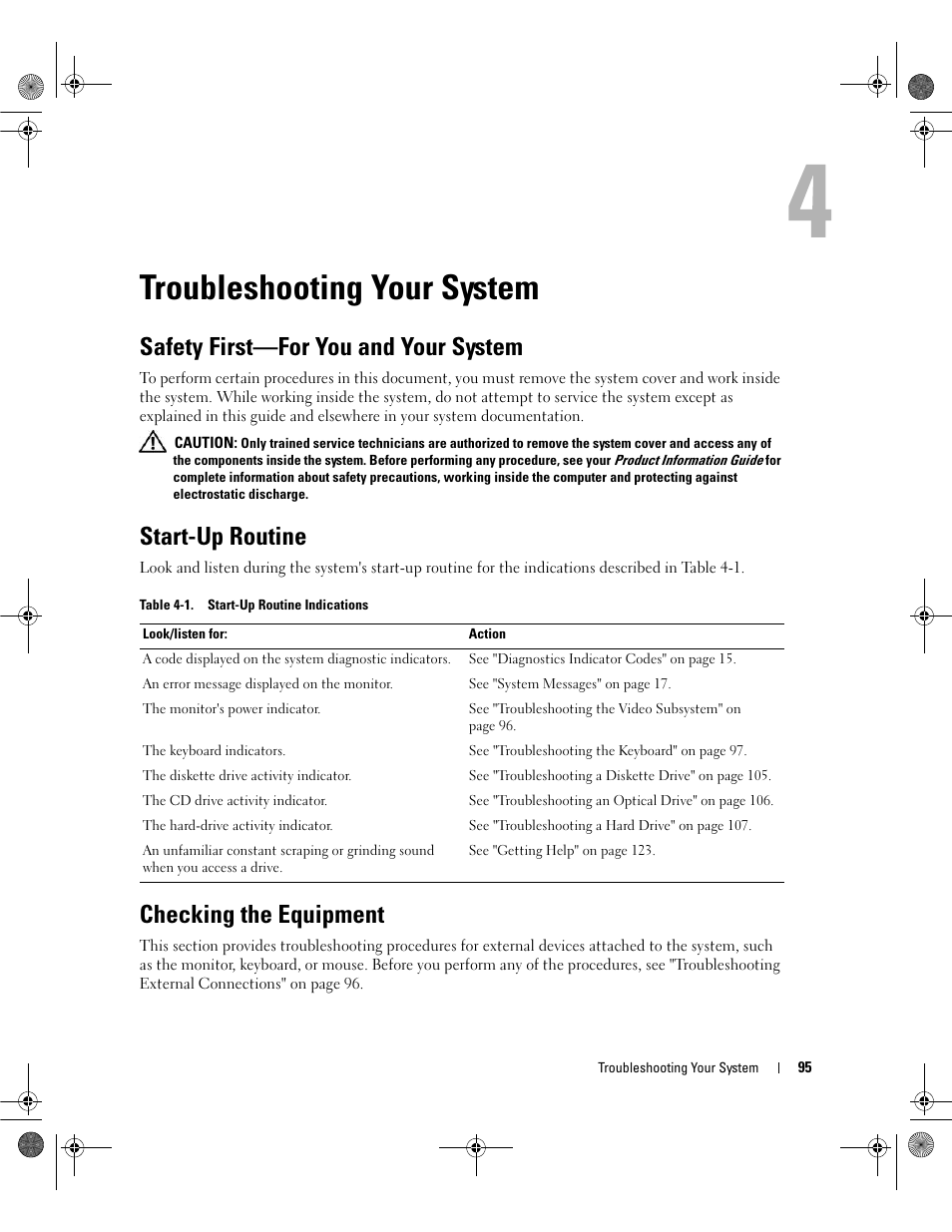 Troubleshooting your system, Safety first-for you and your system, Start-up routine | Checking the equipment, Safety first—for you and your system | Dell PowerEdge SC1430 User Manual | Page 95 / 160