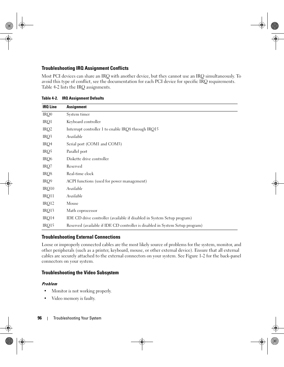 Troubleshooting irq assignment conflicts, Troubleshooting external connections, Troubleshooting the video subsystem | Dell PowerEdge SC1430 User Manual | Page 96 / 160