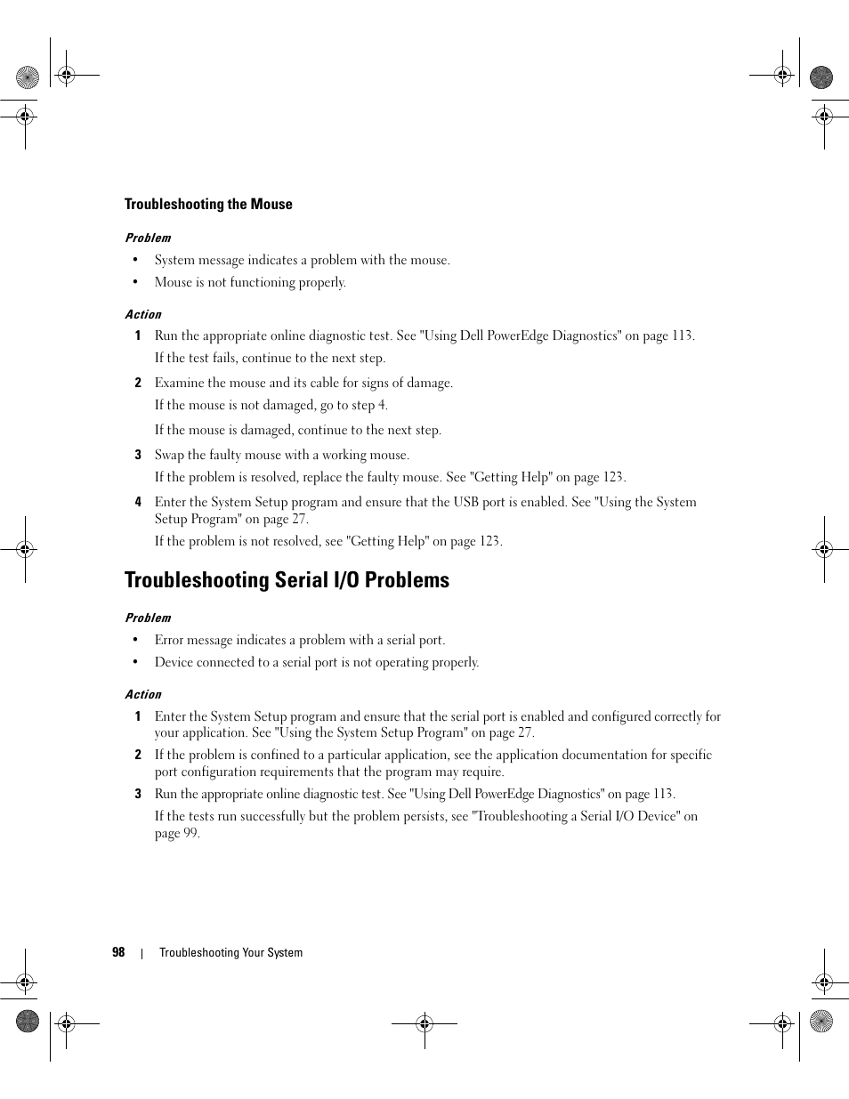 Troubleshooting the mouse, Troubleshooting serial i/o problems | Dell PowerEdge SC1430 User Manual | Page 98 / 160