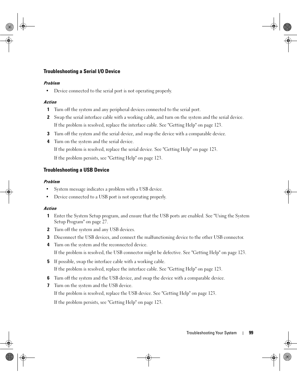 Troubleshooting a serial i/o device, Troubleshooting a usb device | Dell PowerEdge SC1430 User Manual | Page 99 / 160