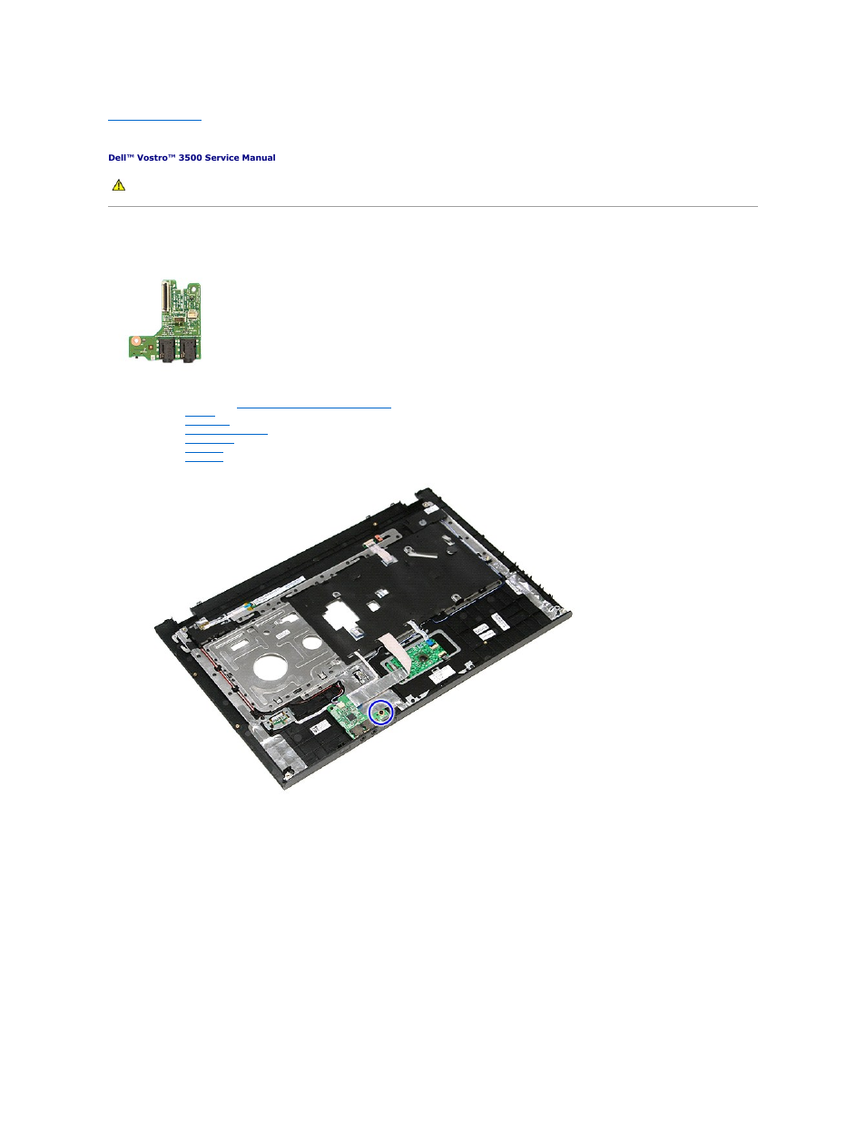 Audio board, Removing the audio board | Dell Vostro 3500 (Early 2010) User Manual | Page 2 / 79