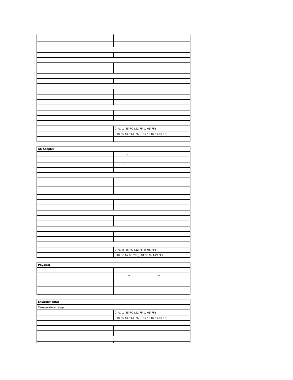 Ac adapter, Physical, Environmental | Dell Vostro 3500 (Early 2010) User Manual | Page 70 / 79