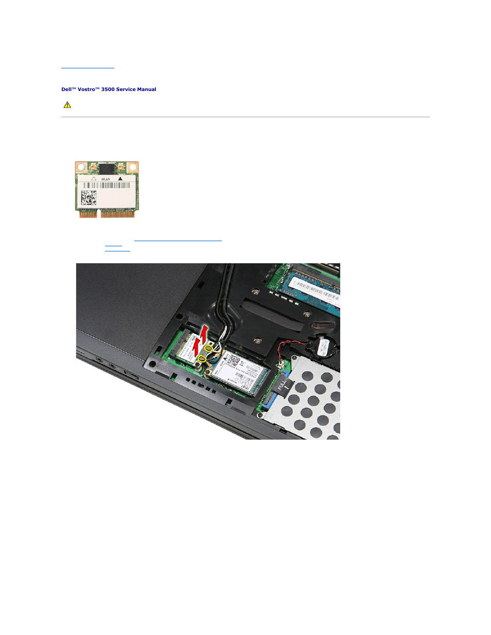 Wireless local area network (wlan) card, Removing the wlan card | Dell Vostro 3500 (Early 2010) User Manual | Page 74 / 79