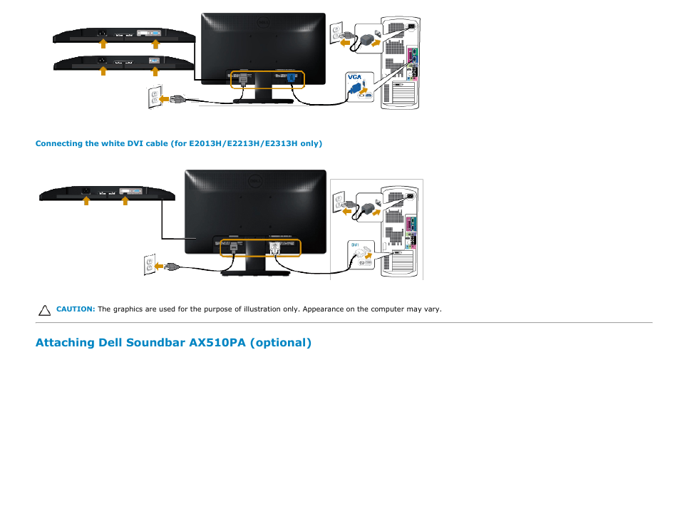 Attaching the dell soundbar (optional), Attaching dell soundbar ax510pa (optional) | Dell E2313H Monitor User Manual | Page 16 / 51