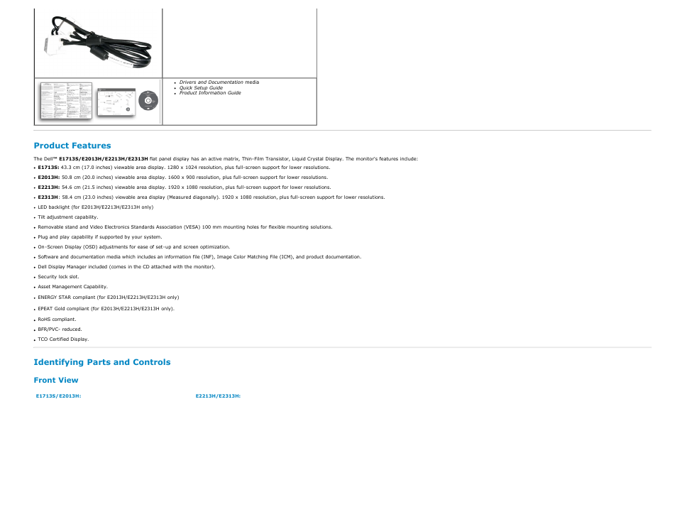 Product features, Identifying parts and controls, Front view | Dell E2313H Monitor User Manual | Page 4 / 51