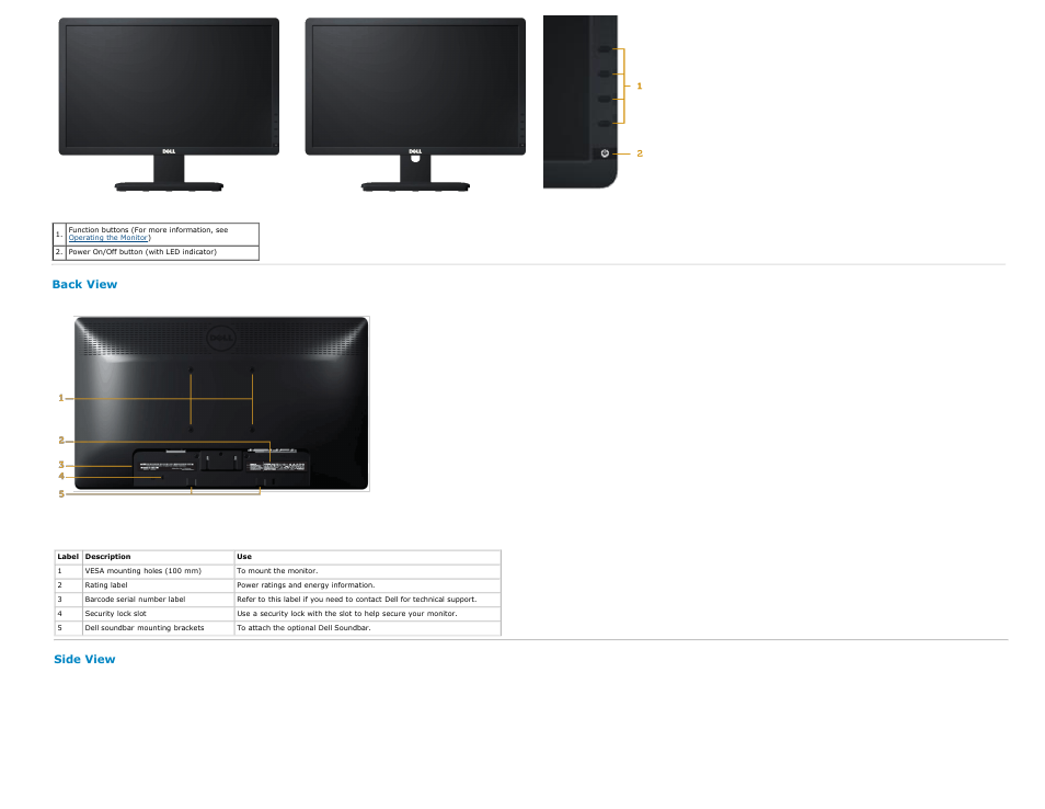 Back view, Side view | Dell E2313H Monitor User Manual | Page 5 / 51