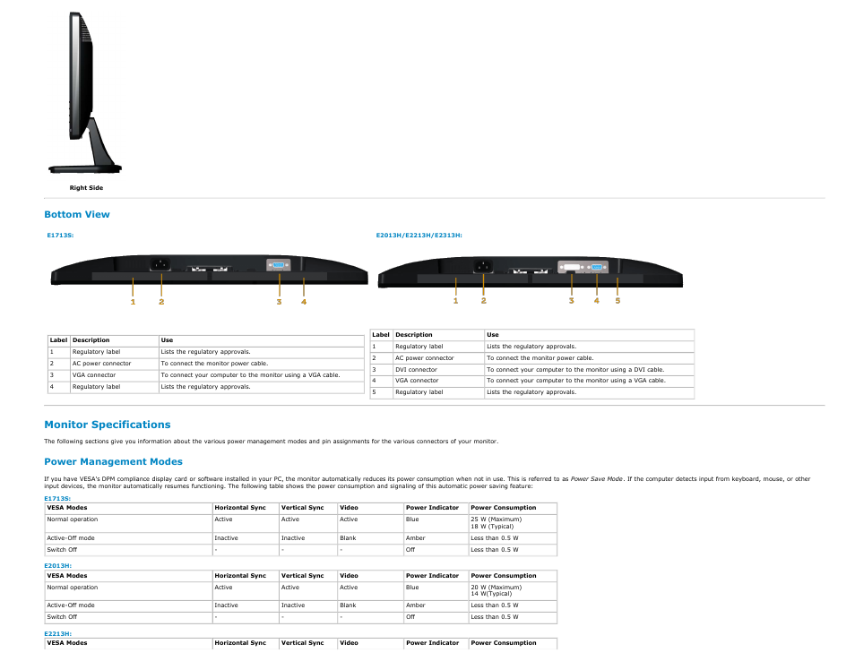 Monitor specifications, Bottom view, Power management modes | Dell E2313H Monitor User Manual | Page 6 / 51