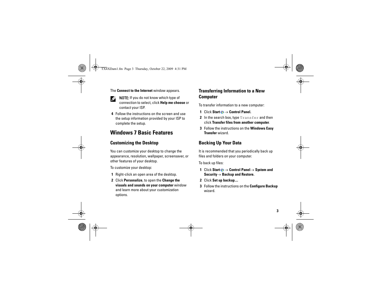 Windows 7 basic features, Customizing the desktop, 1 right-click an open area of the desktop | Transferring information to a new computer, 1 click startæ control panel, Backing up your data, 2 click set up backup | Dell Studio XPS 435 MT (Late 2008) User Manual | Page 3 / 4