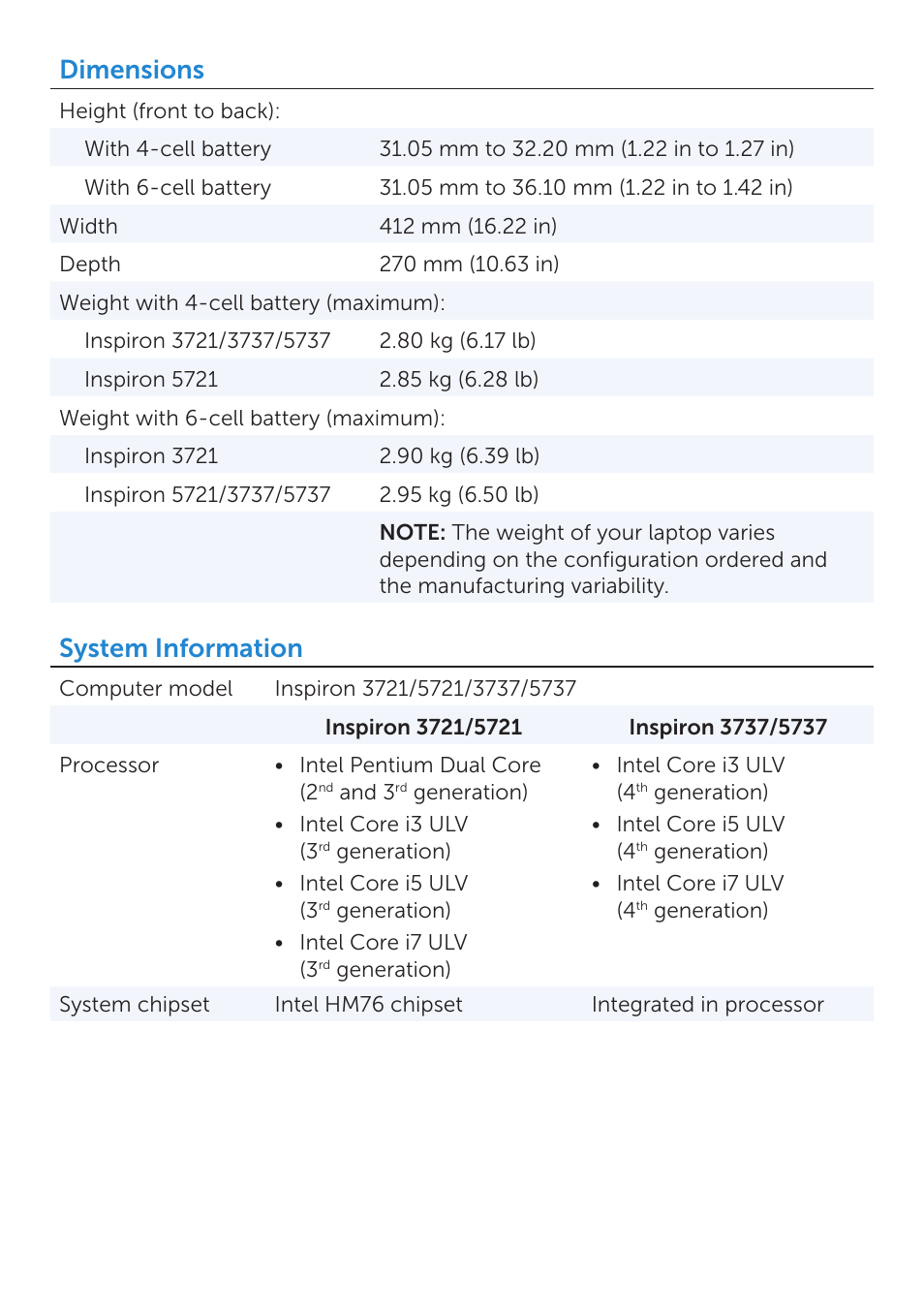 Dimensions, System information | Dell Inspiron 17R (Early 2013) User Manual | Page 2 / 7