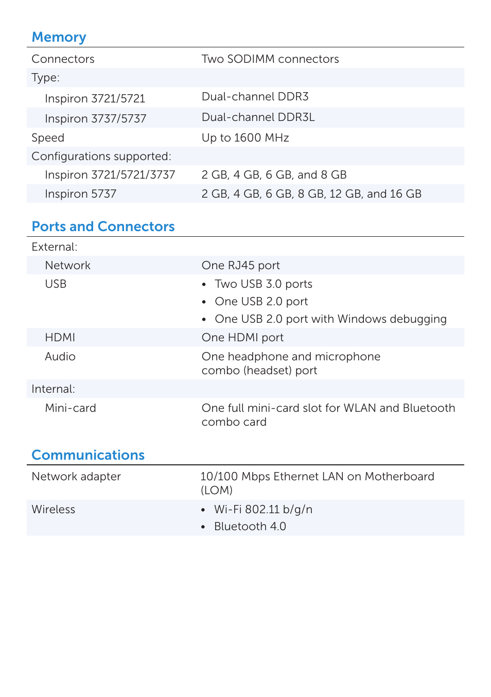 Ports and connectors, Communications | Dell Inspiron 17R (Early 2013) User Manual | Page 3 / 7