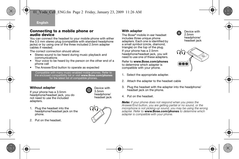 Connecting to a mobile phone or audio device, Put on the headset, Select the appropriate adapter | Attach the adapter to the headset cable | Bose AM316835 User Manual | Page 3 / 100