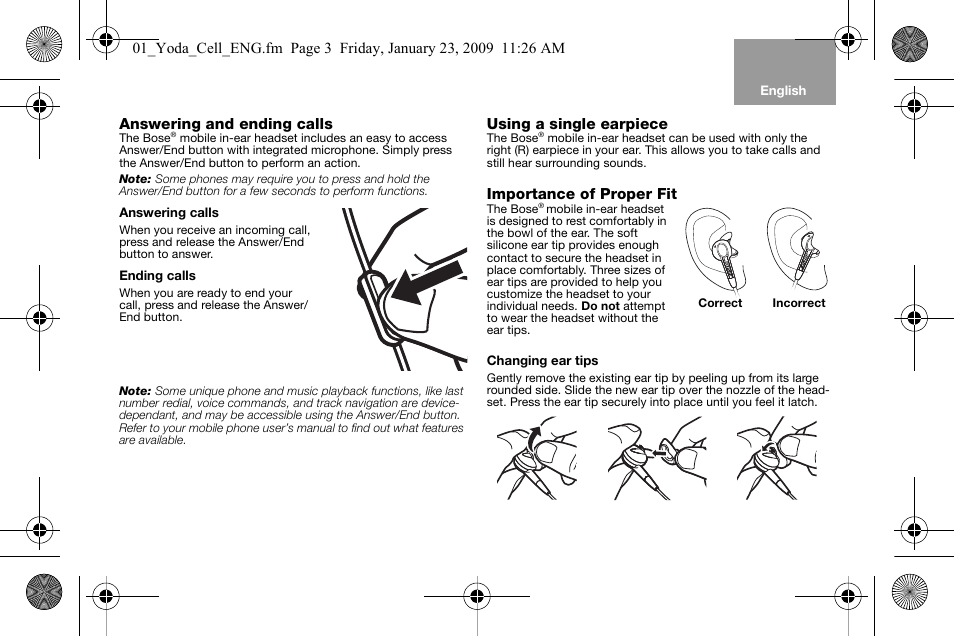 Answering and ending calls, Using a single earpiece, Importance of proper fit | Correct | Bose AM316835 User Manual | Page 4 / 100