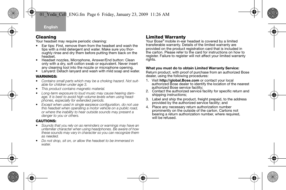 Cleaning, Limited warranty | Bose AM316835 User Manual | Page 7 / 100
