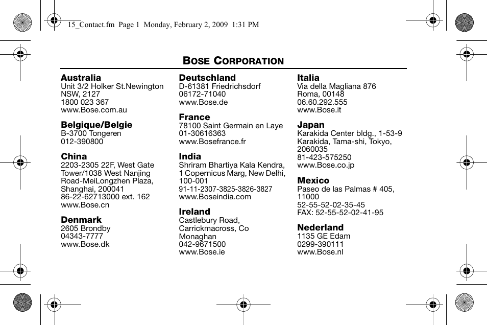 Australia, Belgique/belgie, China | Denmark, Deutschland, France, India, Ireland, Italia, Japan | Bose AM316835 User Manual | Page 98 / 100