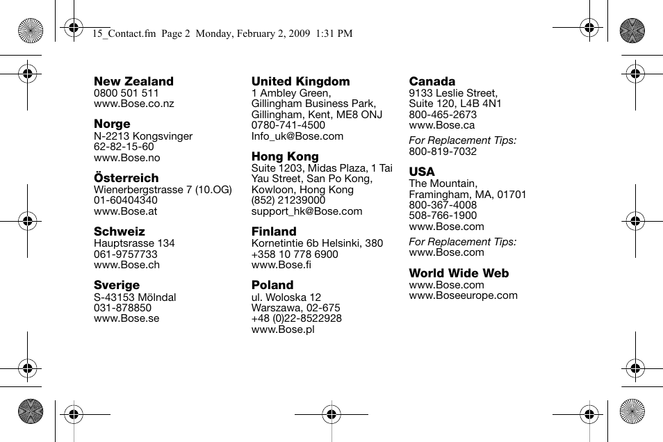 New zealand, Norge, Österreich | Schweiz, Sverige, United kingdom, Hong kong, Finland, Poland, Canada | Bose AM316835 User Manual | Page 99 / 100