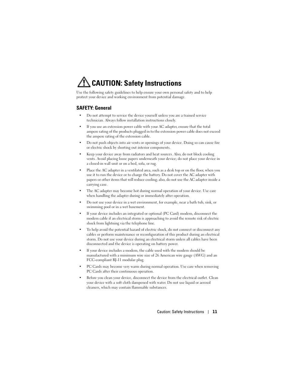 Caution: safety instructions, Safety: general | Dell Axim X50 User Manual | Page 11 / 174