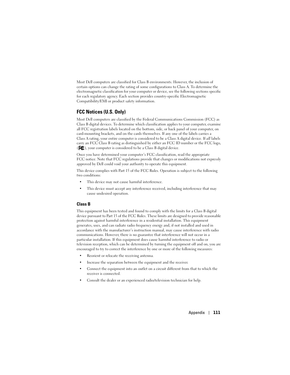 Fcc notices (u.s. only) | Dell Axim X50 User Manual | Page 111 / 174