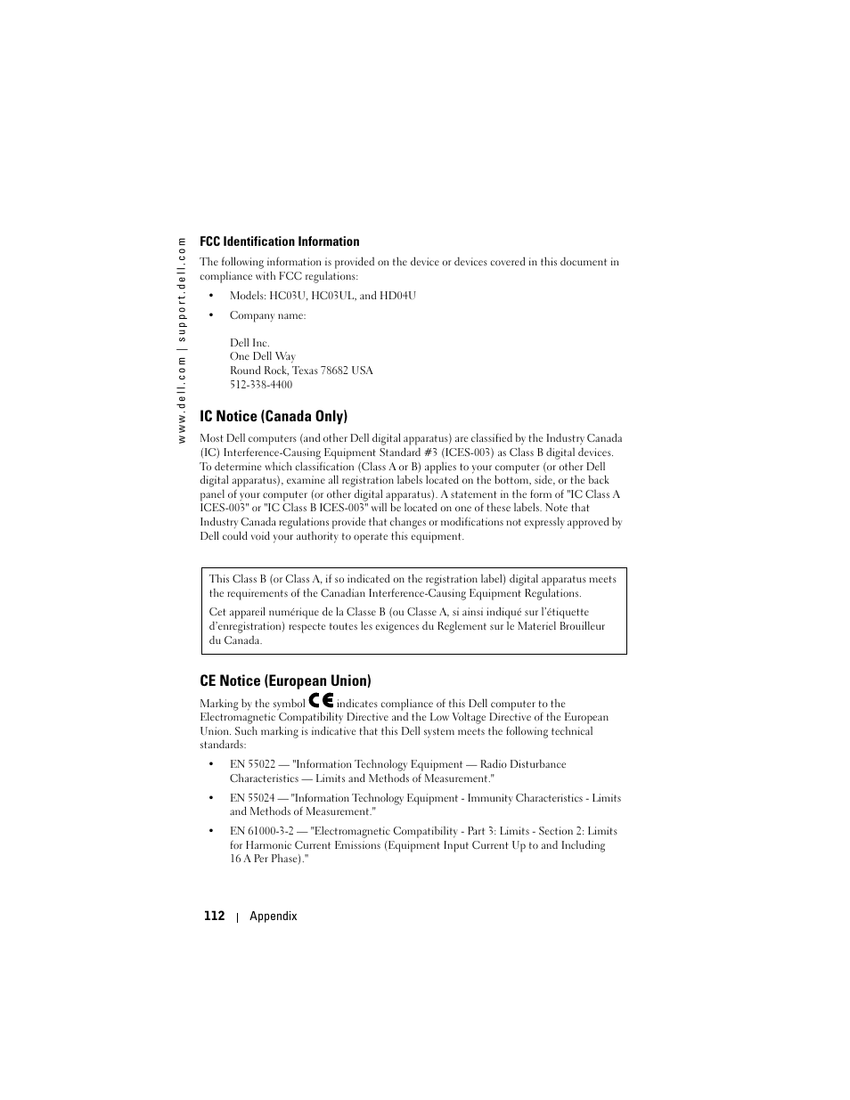 Ic notice (canada only), Ce notice (european union) | Dell Axim X50 User Manual | Page 112 / 174