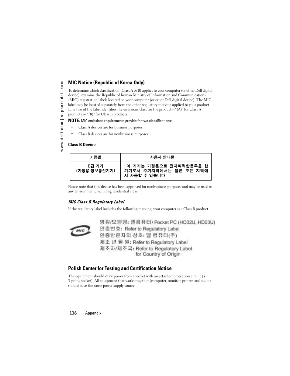 Mic notice (republic of korea only), Polish center for testing and certification notice | Dell Axim X50 User Manual | Page 116 / 174