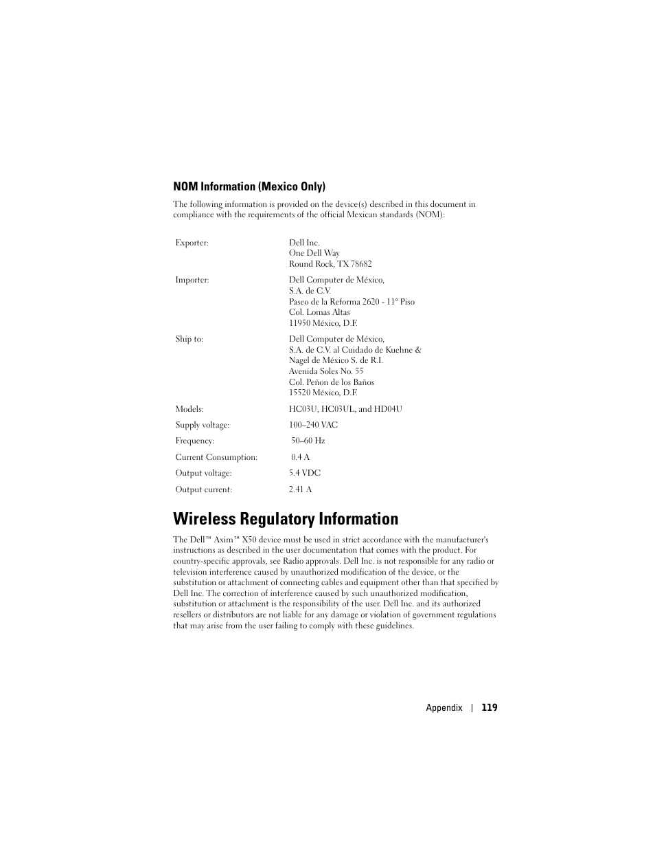 Nom information (mexico only), Wireless regulatory information | Dell Axim X50 User Manual | Page 119 / 174