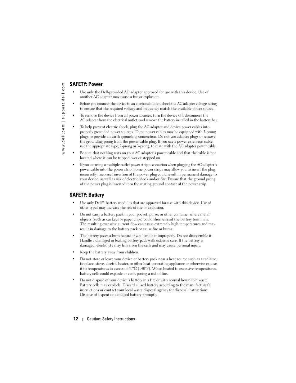 Safety: power, Safety: battery | Dell Axim X50 User Manual | Page 12 / 174