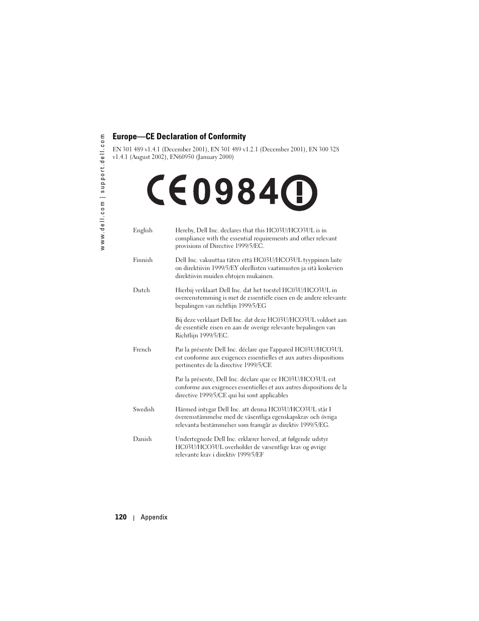 Europe-ce declaration of conformity, Europe—ce declaration of conformity | Dell Axim X50 User Manual | Page 120 / 174