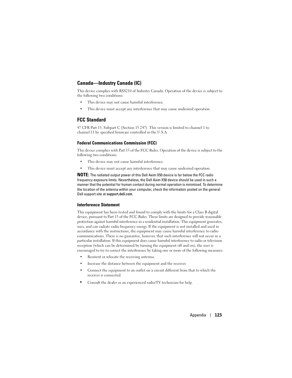 Canada-industry canada (ic), Fcc standard, Canada—industry canada (ic) | Dell Axim X50 User Manual | Page 123 / 174