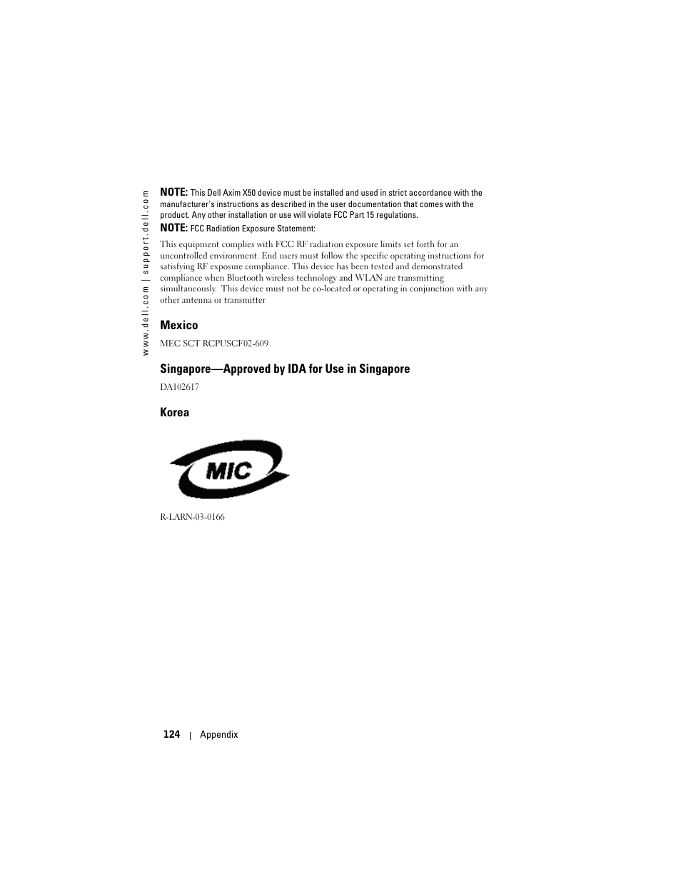 Mexico, Singapore-approved by ida for use in singapore, Korea | Singapore—approved by ida for use in singapore | Dell Axim X50 User Manual | Page 124 / 174
