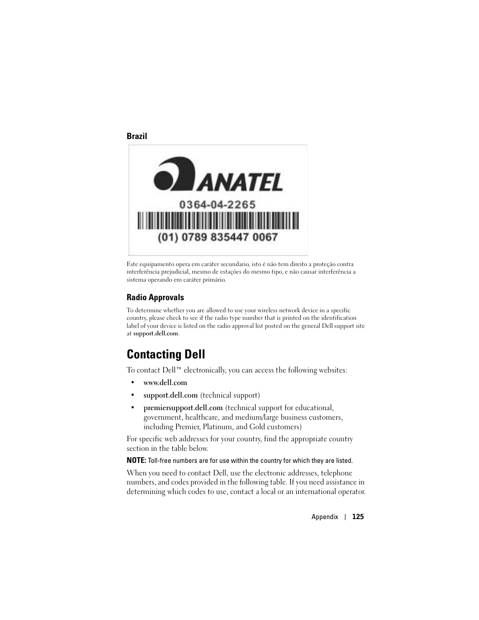 Brazil, Radio approvals, Contacting dell | Dell Axim X50 User Manual | Page 125 / 174