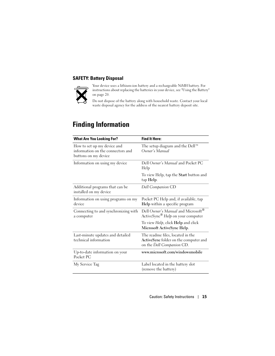 Safety: battery disposal, Finding information | Dell Axim X50 User Manual | Page 15 / 174