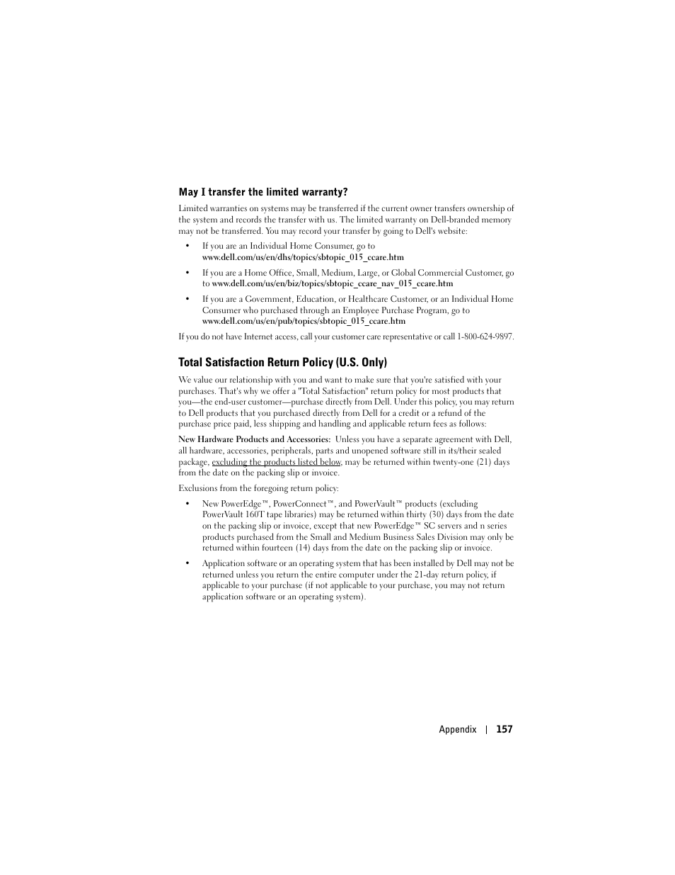 Total satisfaction return policy (u.s. only) | Dell Axim X50 User Manual | Page 157 / 174