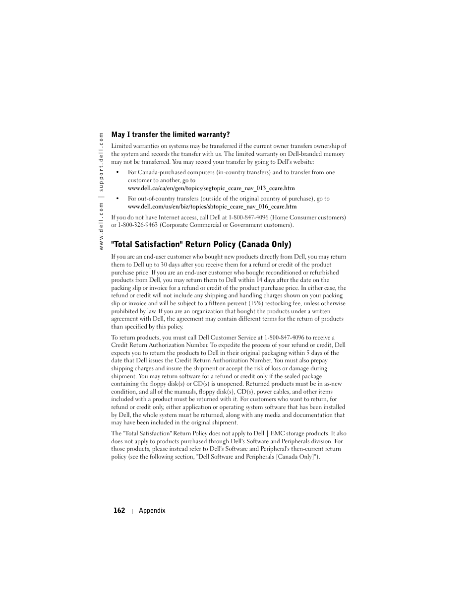 Total satisfaction" return policy (canada only) | Dell Axim X50 User Manual | Page 162 / 174