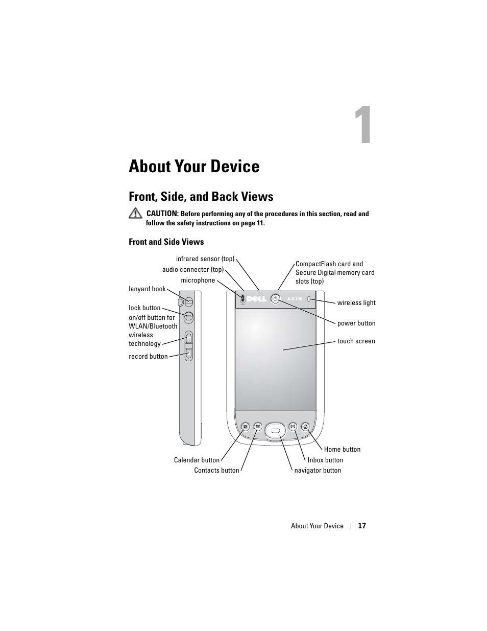 About your device, Front, side, and back views, Front and side views | 1 about your device | Dell Axim X50 User Manual | Page 17 / 174