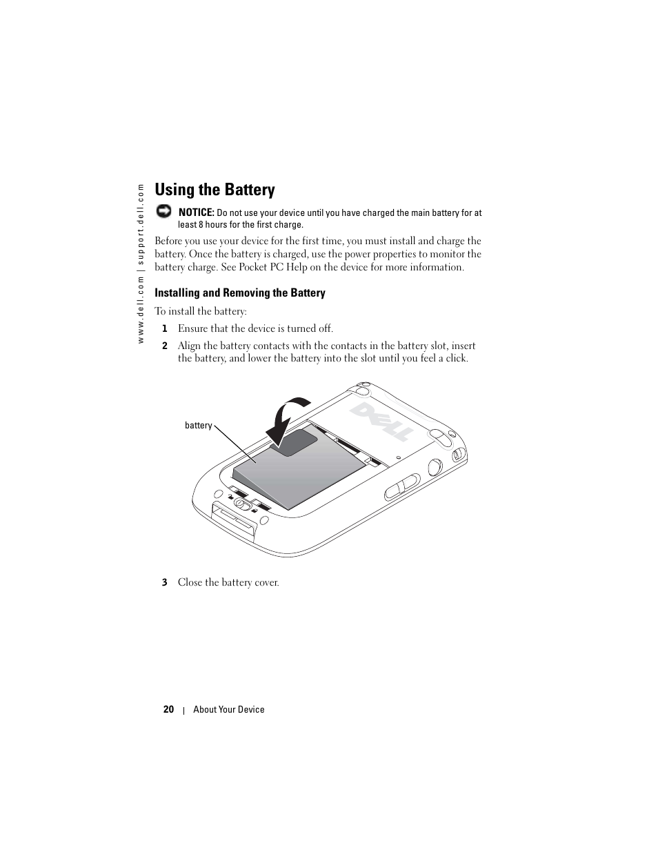 Using the battery, Installing and removing the battery | Dell Axim X50 User Manual | Page 20 / 174