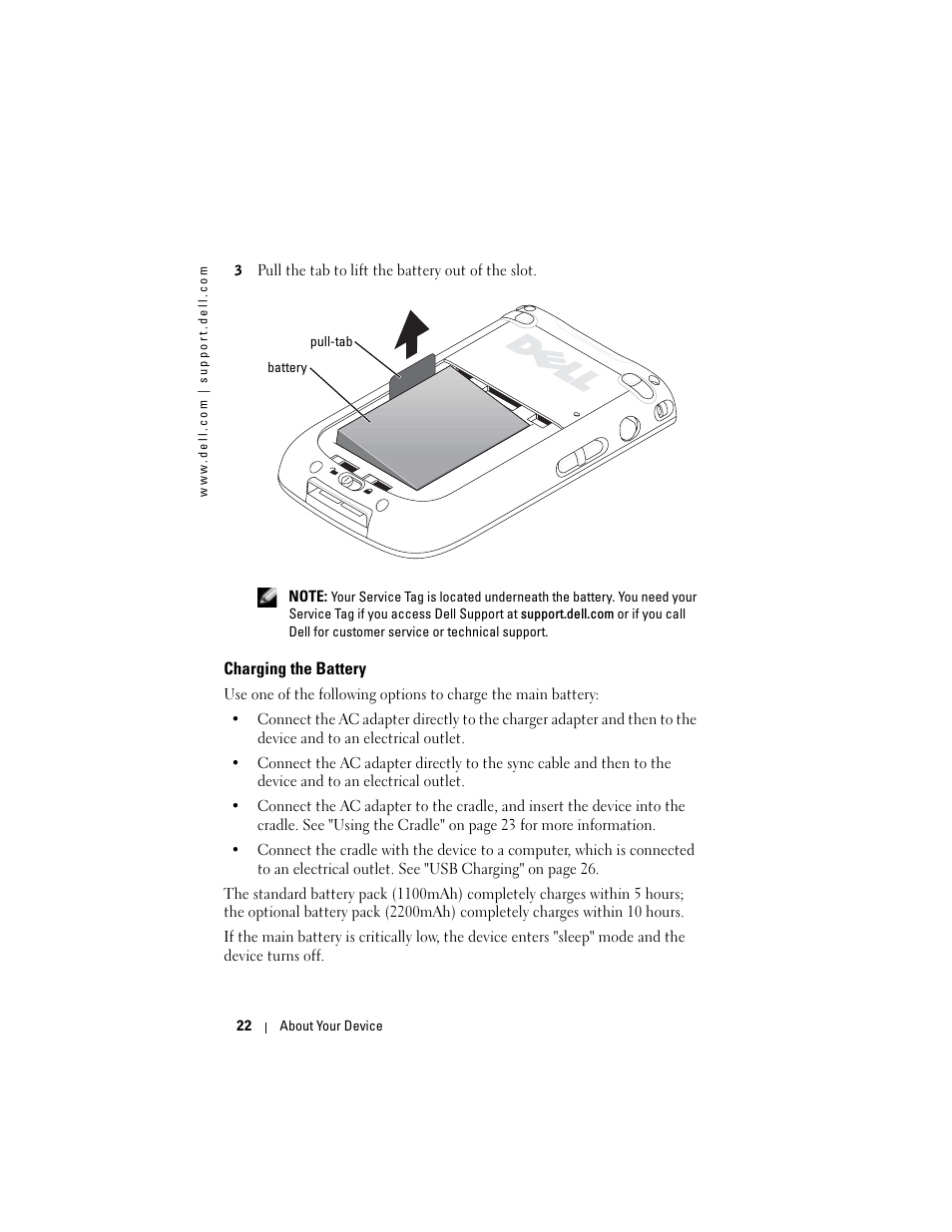 Charging the battery | Dell Axim X50 User Manual | Page 22 / 174