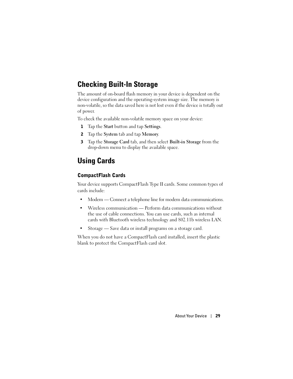 Checking built-in storage, Using cards, Compactflash cards | See "using cards" on | Dell Axim X50 User Manual | Page 29 / 174