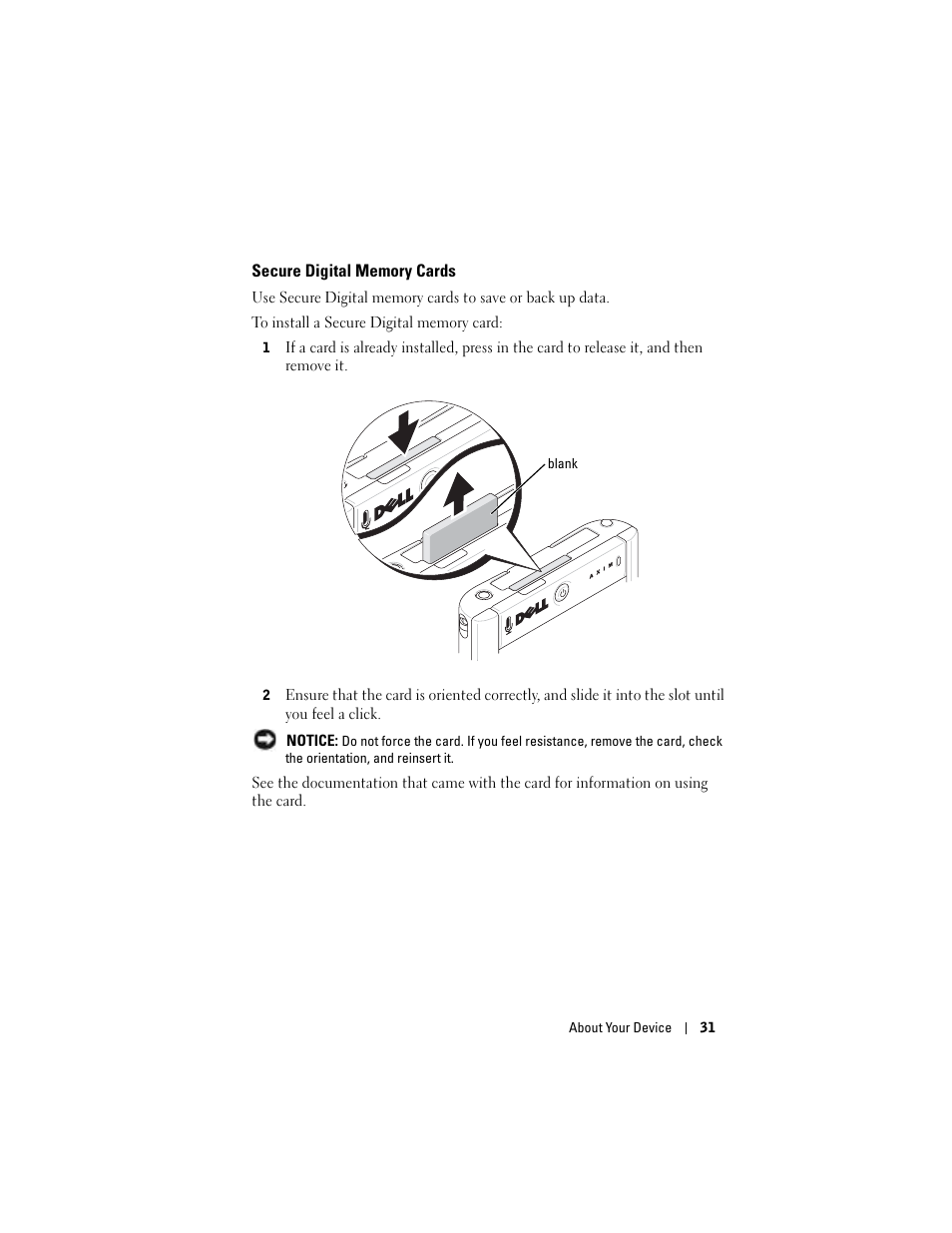 Secure digital memory cards | Dell Axim X50 User Manual | Page 31 / 174
