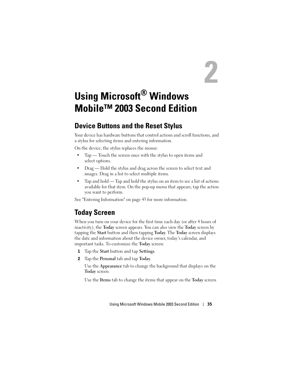 Device buttons and the reset stylus, Today screen, Using microsoft | Windows mobile™ 2003 second edition | Dell Axim X50 User Manual | Page 35 / 174