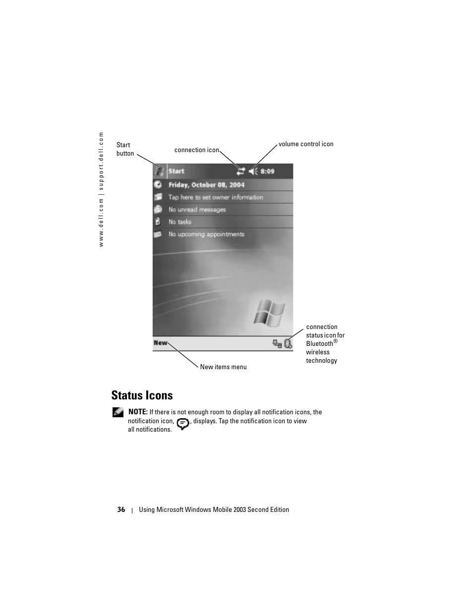 Status icons | Dell Axim X50 User Manual | Page 36 / 174