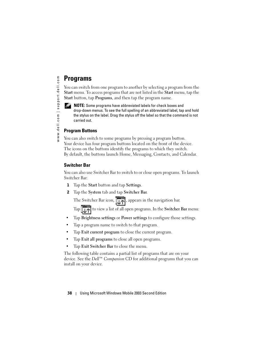 Programs, Program buttons, Switcher bar | Dell Axim X50 User Manual | Page 38 / 174