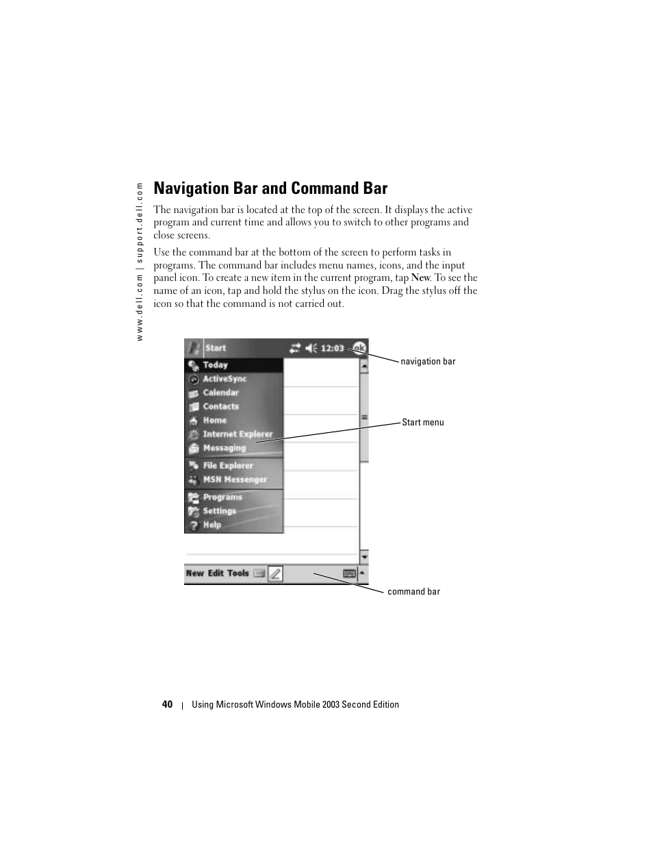 Navigation bar and command bar | Dell Axim X50 User Manual | Page 40 / 174