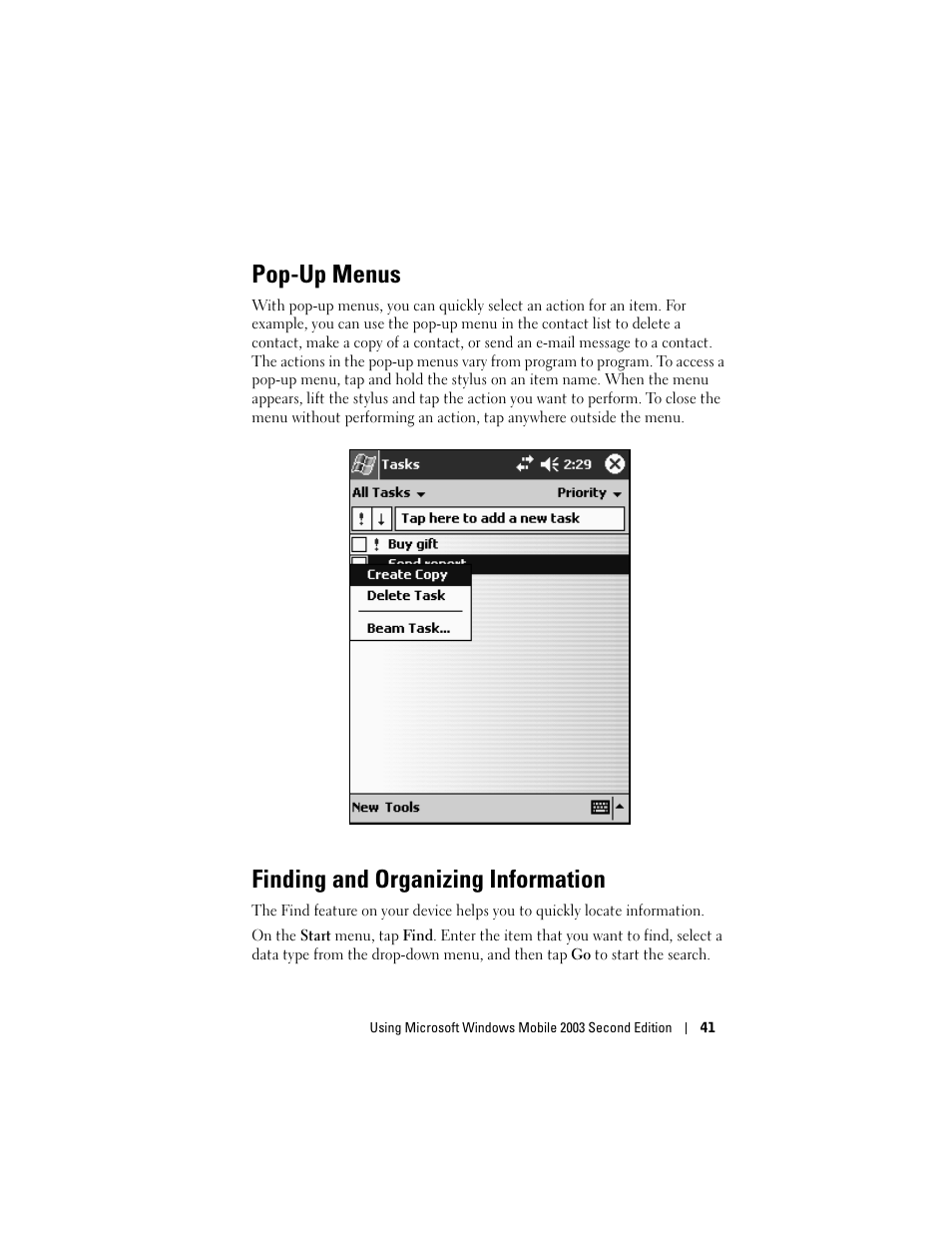 Pop-up menus, Finding and organizing information | Dell Axim X50 User Manual | Page 41 / 174