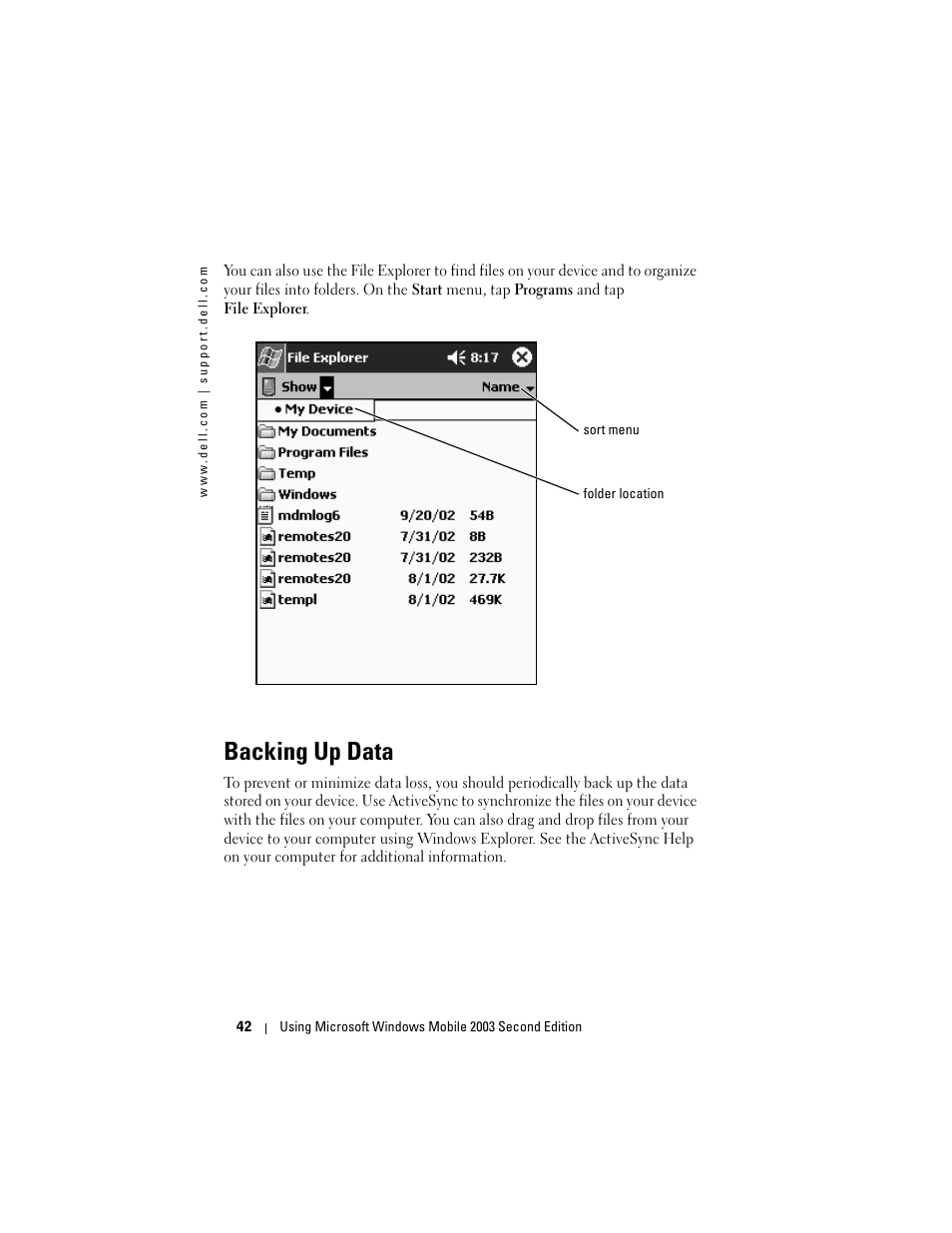 Backing up data | Dell Axim X50 User Manual | Page 42 / 174