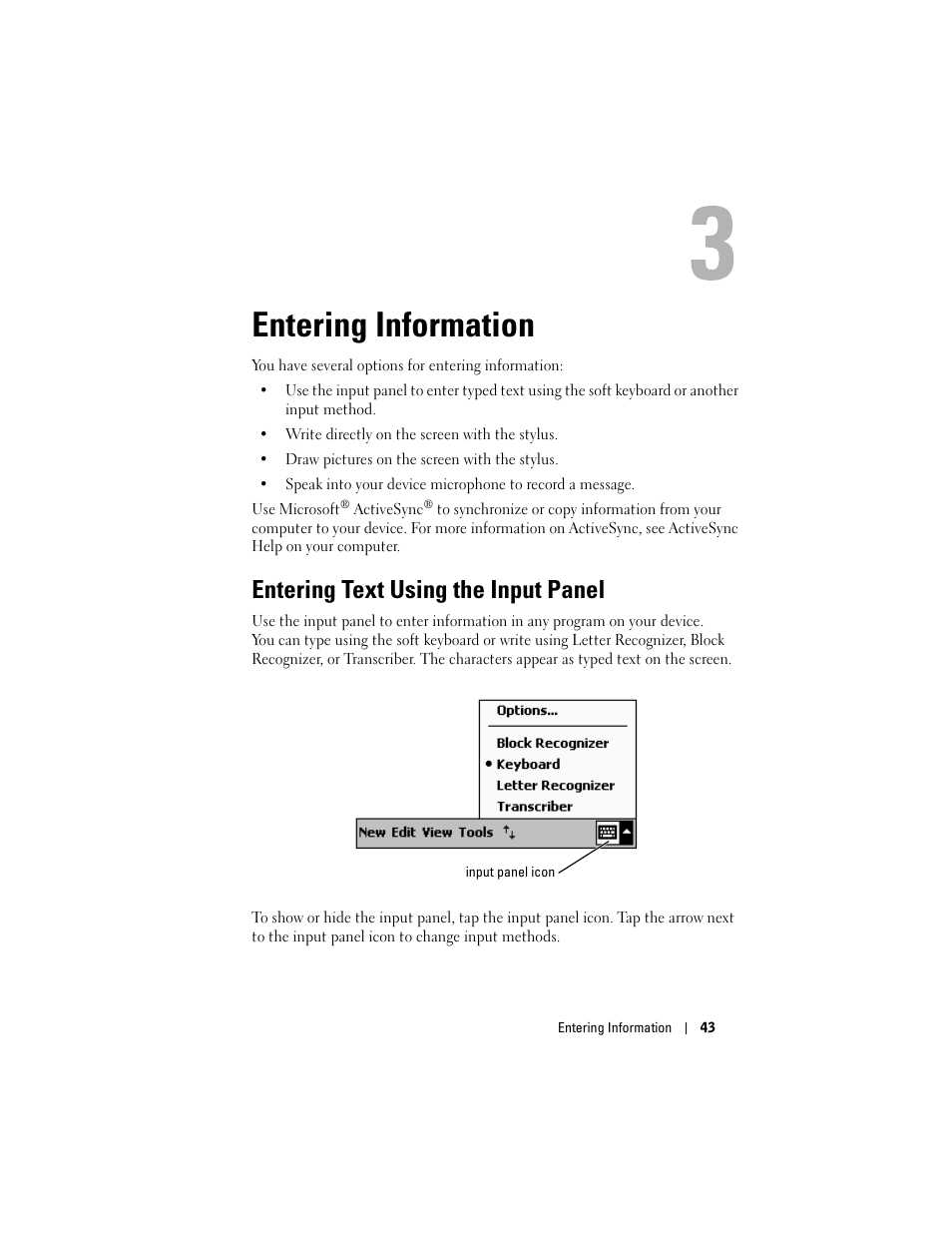 Entering information, Entering text using the input panel, 3 entering information | Dell Axim X50 User Manual | Page 43 / 174