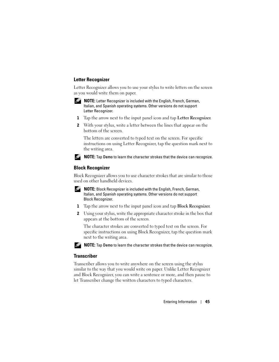 Letter recognizer, Block recognizer, Transcriber | Dell Axim X50 User Manual | Page 45 / 174