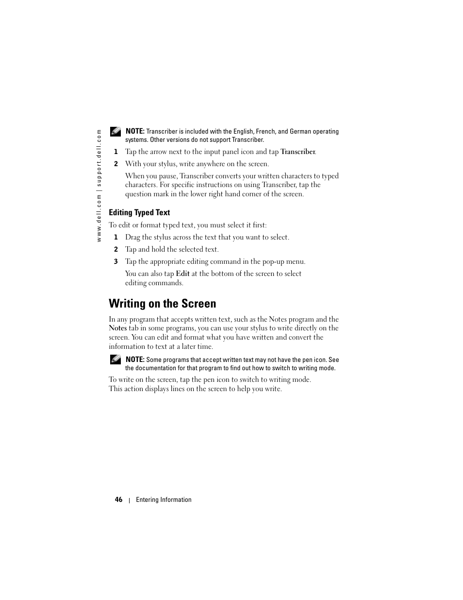 Editing typed text, Writing on the screen | Dell Axim X50 User Manual | Page 46 / 174