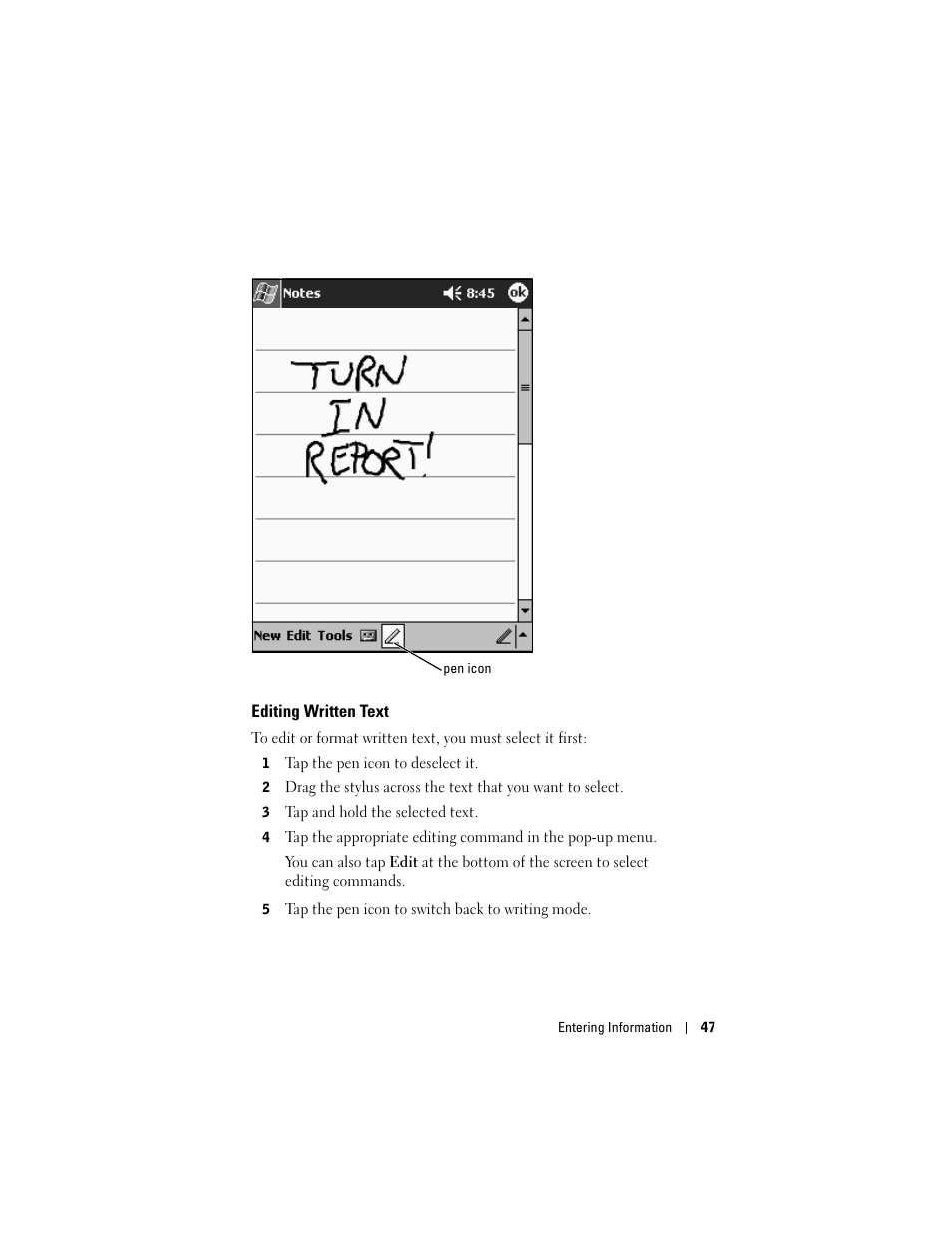 Editing written text | Dell Axim X50 User Manual | Page 47 / 174