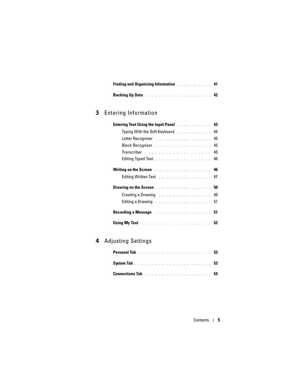 3 entering information, 4 adjusting settings | Dell Axim X50 User Manual | Page 5 / 174