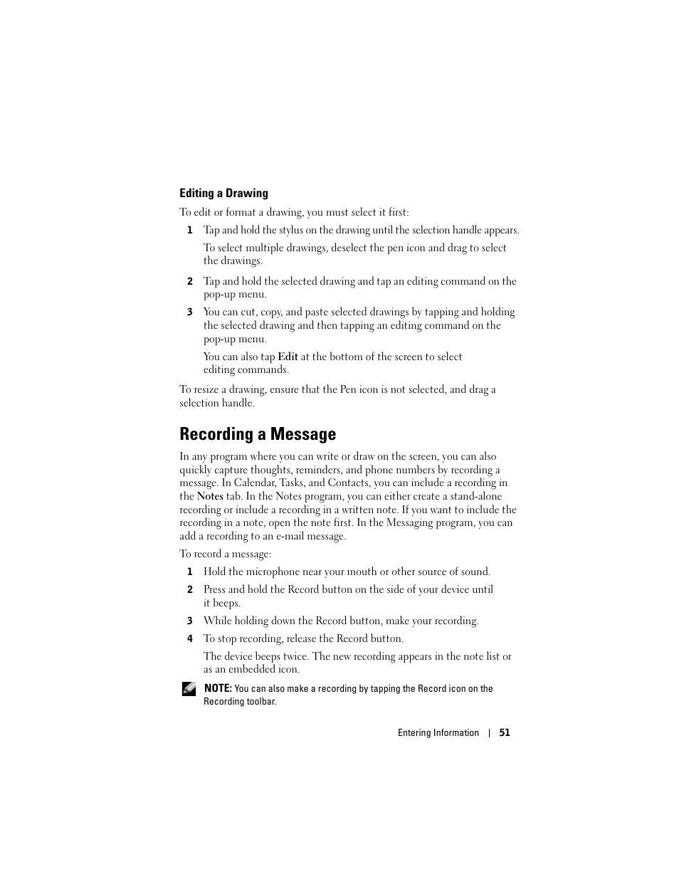 Editing a drawing, Recording a message | Dell Axim X50 User Manual | Page 51 / 174